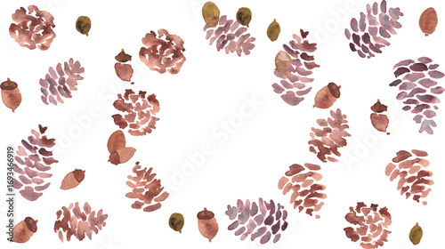 水彩画。水彩タッチの松ぼっくりイラスト。松ぼっくりと秋のイメージ背景。ベクターイラスト。
Watercolor. Pine cone illustration with watercolor touch. Autumn image background with pine cones. Vector illustration.
