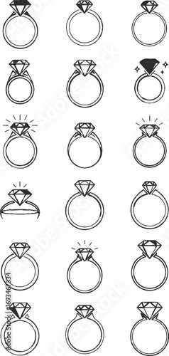 black and white line art illustrations** of various **engagement ring designs**. These appear to be simple, stylized icons or sketches rather than detailed or colored representations.