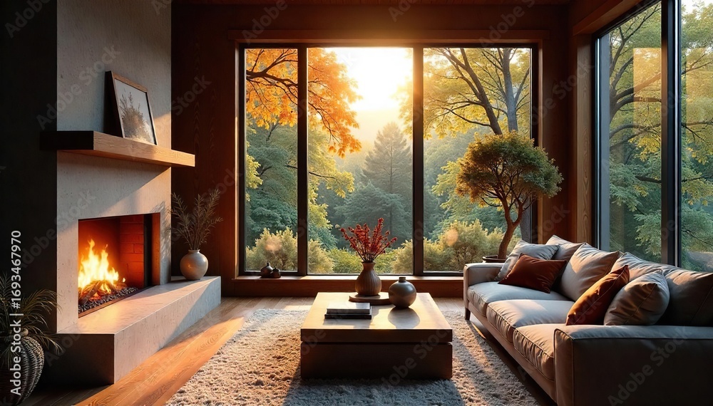 Fototapeta premium Cozy living room with a fireplace and large windows, offering abundant natural light and a warm, inviting atmosphere perfect for relaxation , fireplace, design, residential
