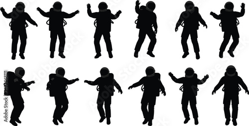 Astronaut silhouette set in space suit, floating, standing, walking, exploring outer space, futuristic astronaut vector illustration, cosmic exploration design