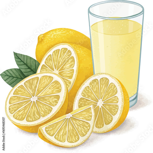 Glass of Lemon Juice with Fresh Sliced Lemons and Leaves – Citrus Fruit Illustration