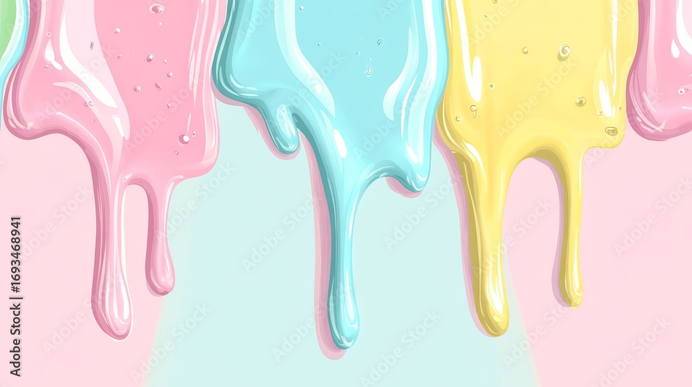 Naklejka premium layered pastel candy and ice cream drip design in soft pink, baby blue, lemon yellow and mint green, smooth vector style with glossy texture