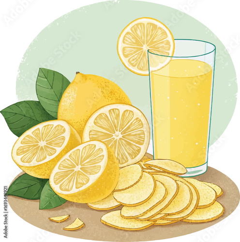 Fresh Lemon Juice with Sliced Lemons and Leaves – Refreshing Summer Drink Illustration