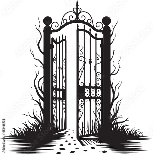 Open Haunted Gate Halloween Silhouette Vector