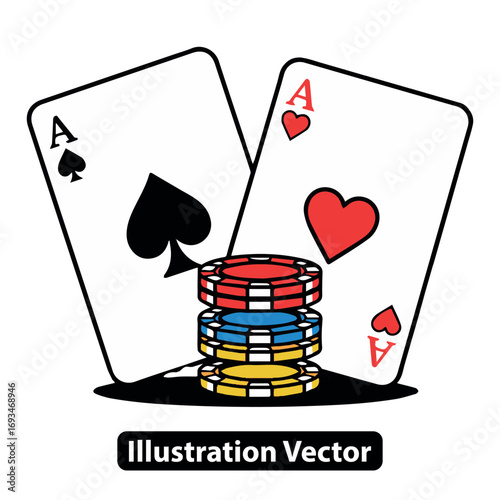 Graphic illustration of two ace playing cards with a stack of colorful poker chips, ideal for casino themes