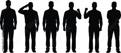 Businessman silhouette set in various poses, strong man stance, salute pose, victorious gesture, confident businessman, professional standing vector illustration