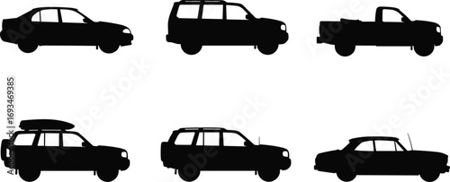Car silhouettes, sedan, SUV, pickup truck, station wagon, classic automobile, transport design, vehicle collection, automotive vector, black car icons, illustration