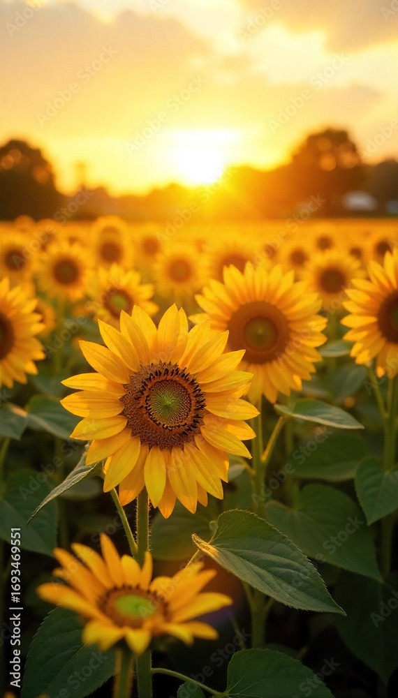 Obraz premium Golden Hour Sunflowers Joyful Summer Meadow in Vibrant Sunlight, Perfect for Happiness, Wellbeing, and Optimism Projects