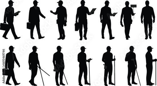 Construction worker silhouettes, engineering professionals, builders at work, industrial labor, contractor teamwork, workplace safety, architecture concept, site inspection, tools and equipment