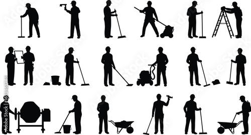 Construction worker silhouettes, industrial labor, building tools, construction site teamwork, engineering job, worker safety, manual labor, construction industry, repair, maintenance