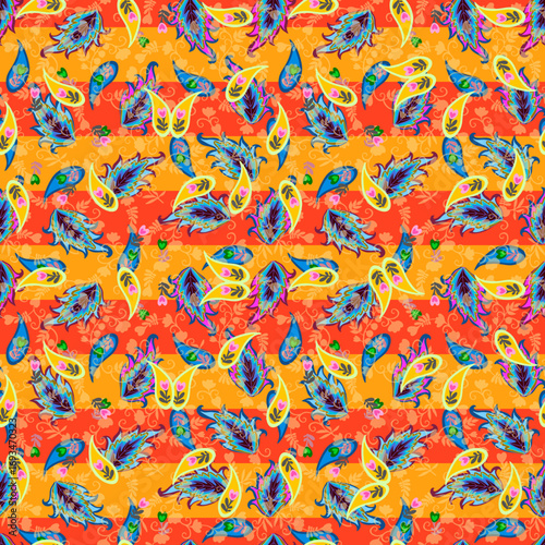 Beautiful striped pattern for clothes, bed linen, scarf with paisley,  flowers, leaves and intricate floral patterns. Seamless fabric print in ethnic style. African, Brazilian, Chinese, Indian motifs.