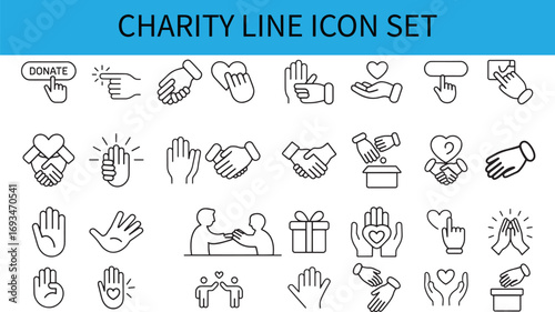 Charity and Donation set of web icons in line style. Volunteering and donation icons for web and mobile app Help, caring, solidarity, alms, donate, volunteer, care, charity and more line aret vector
