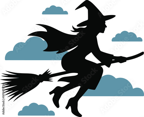 Witch Flying Broom Halloween Silhouette Vector