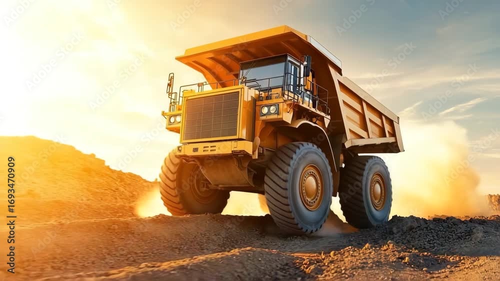 Large yellow dump truck dusty construction site sunset, heavy equipment and machinery outdoors, powerful industrial vehicle rugged terrain with
