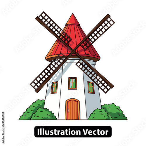 Whimsical cartoon windmill featuring a vibrant red roof and lush green bushes, evoking a cozy, rustic concept