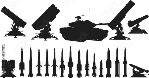 Missile system silhouettes, rocket weapons design, military tank silhouette, war equipment collection, defense technology, artillery rocket, combat weapon, army silhouette illustration