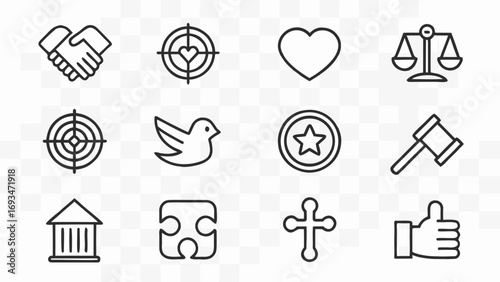 Collection of twelve thin line icons representing concepts like partnership justice and faith on a light grid background Keywords: handshake target heart scales of justice bird star gavel
