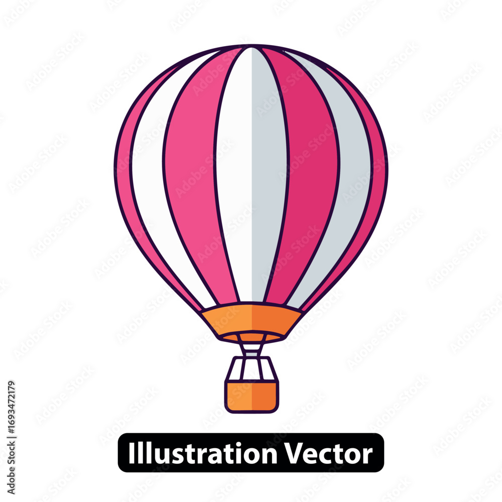 Fototapeta premium Pink and white striped hot air balloon with basket, travel and adventure illustration vector