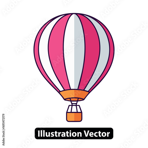 Pink and white striped hot air balloon with basket, travel and adventure illustration vector