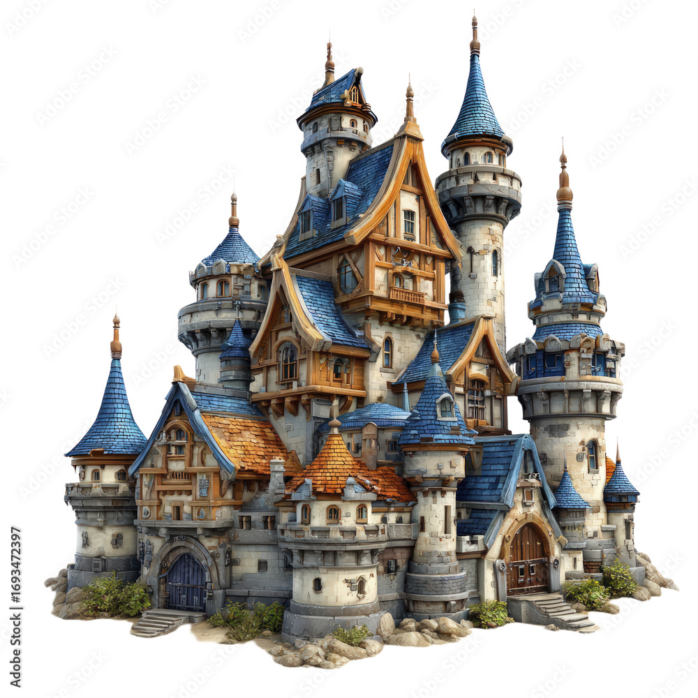 Fototapeta premium Intricate fantastical castle with multiple towers blue roofs and stone construction