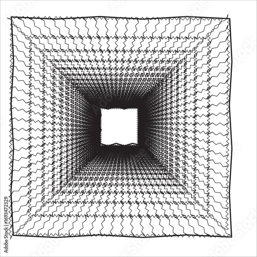 Futuristic perspective grid box. Abstract wireframe with white grid line on black background. Virtual reality landscape in 80s 90s digital style. Vector illustration.