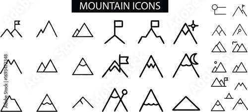 Mountain vector icon set includes thin line climb peak climbing hill explore mount ains and more Thin outline icons pack
