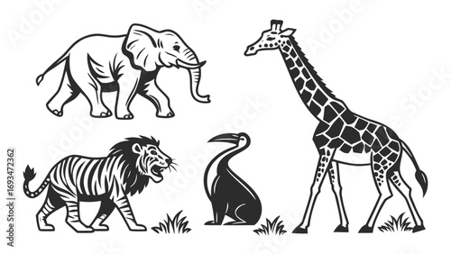 Four stylized African animals including elephant lion giraffe and bird in black and white wildlife