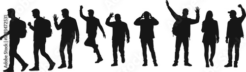 Silhouette of people walking, standing, waving, posing with backpack, outdoor lifestyle vector, casual man woman design, black shadow illustration