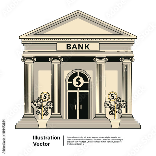 Financial institution building with money trees, a vector concept of wealth and economic growth