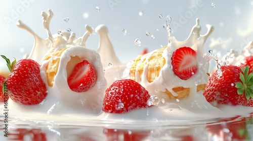 strawberry waffle rolls breaking through creamy milk splash, high-detail textures and reflections in 3d dessert composition