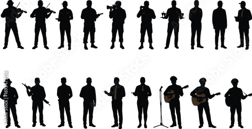 Silhouette people, musicians, workers, cameramen, waiters, soldiers, business professionals, guitar players, violinists, diverse occupations, human figures, black outline