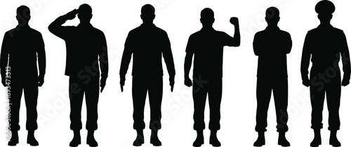 Silhouette soldiers standing, military men saluting, army personnel, defense team unity, soldier salute posture, armed forces discipline, war heroes, patriotic troops