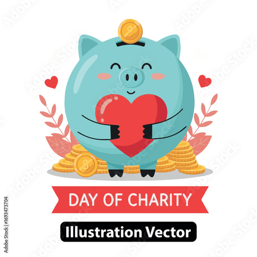 Adorable blue piggy bank character with a red heart representing savings, love, and philanthropy