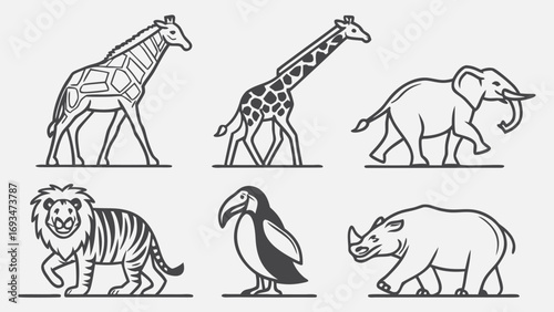 Stylized Outline Drawings of Safari Animals giraffe elephant