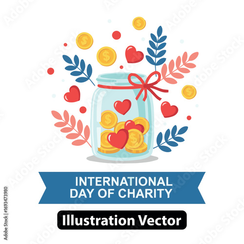 International Day of Charity Vector Illustration with Jar and Heart Elements