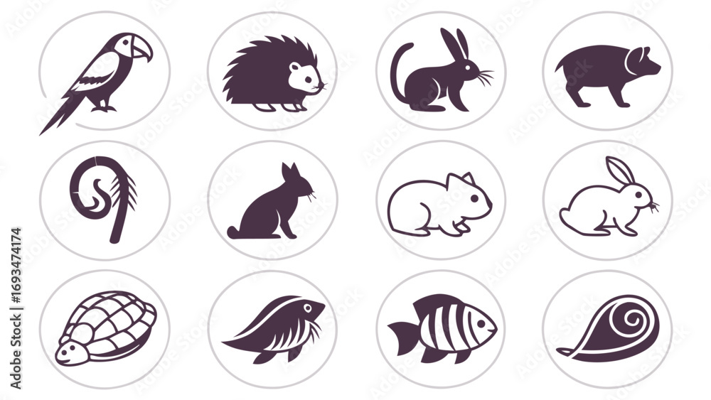 Obraz premium Twelve Circular Icons Featuring Stylized Dark Purple Animal Silhouettes toucan parrot