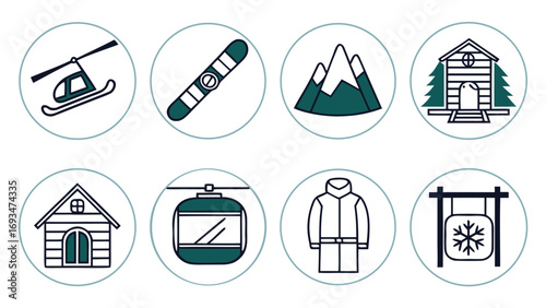 Winter Sports and Mountain Resort Icons Set helicopter snowboard