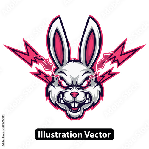 Vector Illustration An Angry Rabbit Mascot With Lightning Bolt, White Fur and Pink Ears