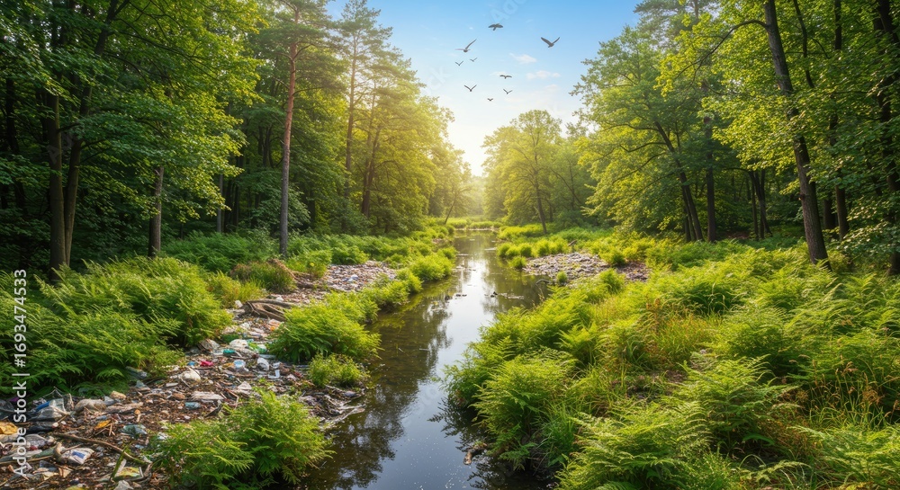 Fototapeta premium Polluted Forest Stream with Trash and Lush Greenery