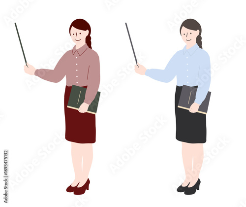 フラットイラスト　指し棒を持っている教師　表情あり
