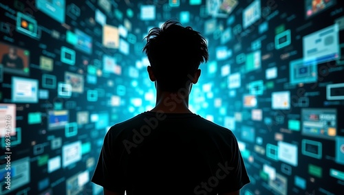 A person’s silhouette surrounded by glowing notification icons and endless scrolling visuals, symbolizing internet overuse.

