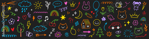 Kid cute baby doodle summer element set. Colorful kid sketch cute heart, kindergarten rainbow and childish toy cartoon elements. Hand drawn school playground activity icons. Vector illustration