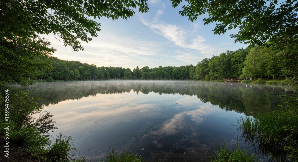Naklejka premium Serene Lake at Dawn with Morning Mist and Forest Reflection
