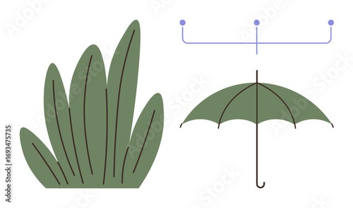 Green plant leaves paired with an umbrella connected via dotted lines, representing protection, nature, relationship, sustainability, growth, creativity, and holistic thinking as a simple flat