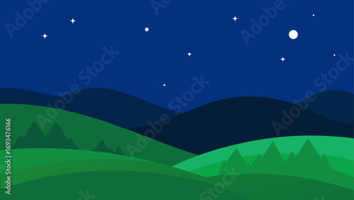Landscape with hills under a starry night