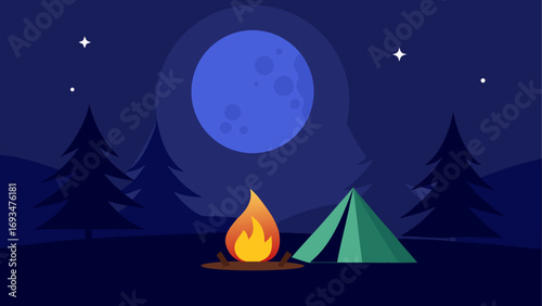 Illustration of camping at night with moon
