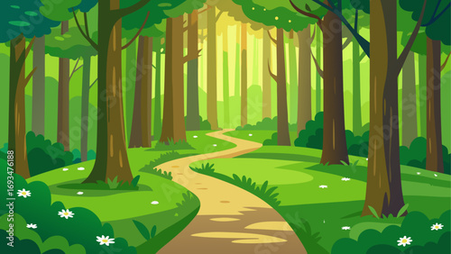 A winding path through a cartoon forest