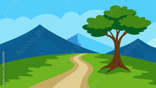 Landscape with path tree and mountains view