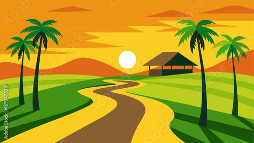 Illustration of tropical landscape at sunset