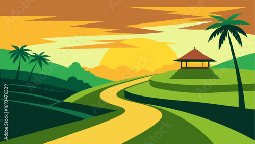 Landscape view of rice fields and sunset